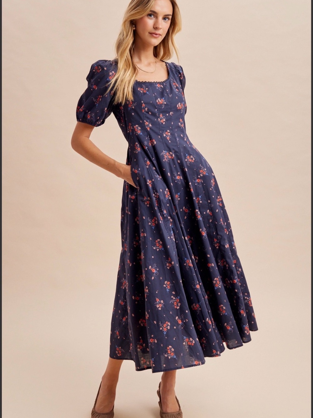 Navy Floral Square-Neck Maxi Dress